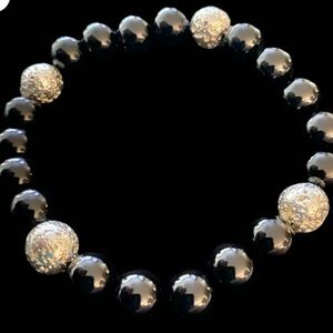 Black Onyx Natural Stone & Silver Bead Accents